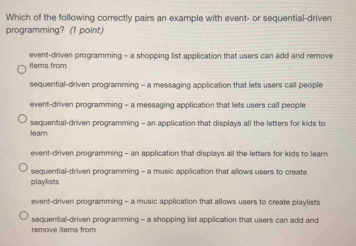 Solved: Which of the following correctly pairs an example with event ...