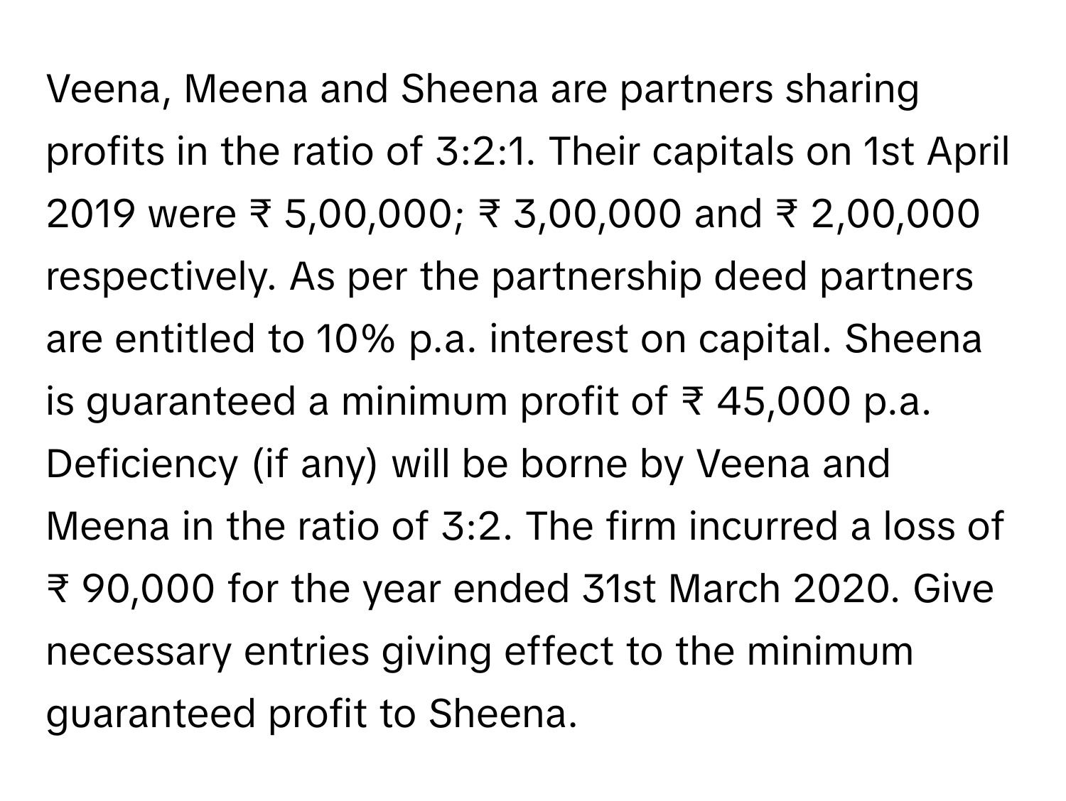 Veena, Meena and Sheena are partners sharing profits in the ratio of 3:2:1. Their capitals on 1st April 2019 were ₹ 5,00,000; ₹ 3,00,000 and ₹ 2,00,000 respectively. As per the partnership deed partners are entitled to 10% p.a. interest on capital. Sheena is guaranteed a minimum profit of ₹ 45,000 p.a. Deficiency (if any) will be borne by Veena and Meena in the ratio of 3:2. The firm incurred a loss of ₹ 90,000 for the year ended 31st March 2020. Give necessary entries giving effect to the minimum guaranteed profit to Sheena.