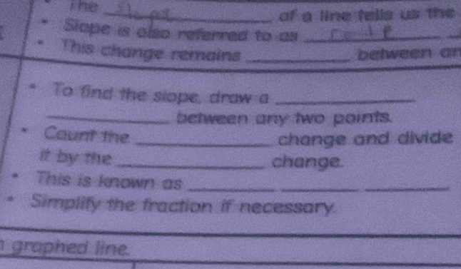 he 
_of a line tells us the 
Slape is also referred to as_ 
This change remains _between an 
To find the slope, draw a_ 
_between any two points. 
Count the_ 
change and divide 
it by the_ 
change. 
This is known as_ 
Simplify the fraction if necessory. 
_ 
_ 
graphed line.