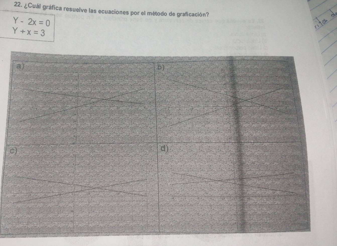 ¿Cuál gráfica resuelve las ecuaciones por el método de graficación?
Y-2x=0
Y+x=3
a)
)
)