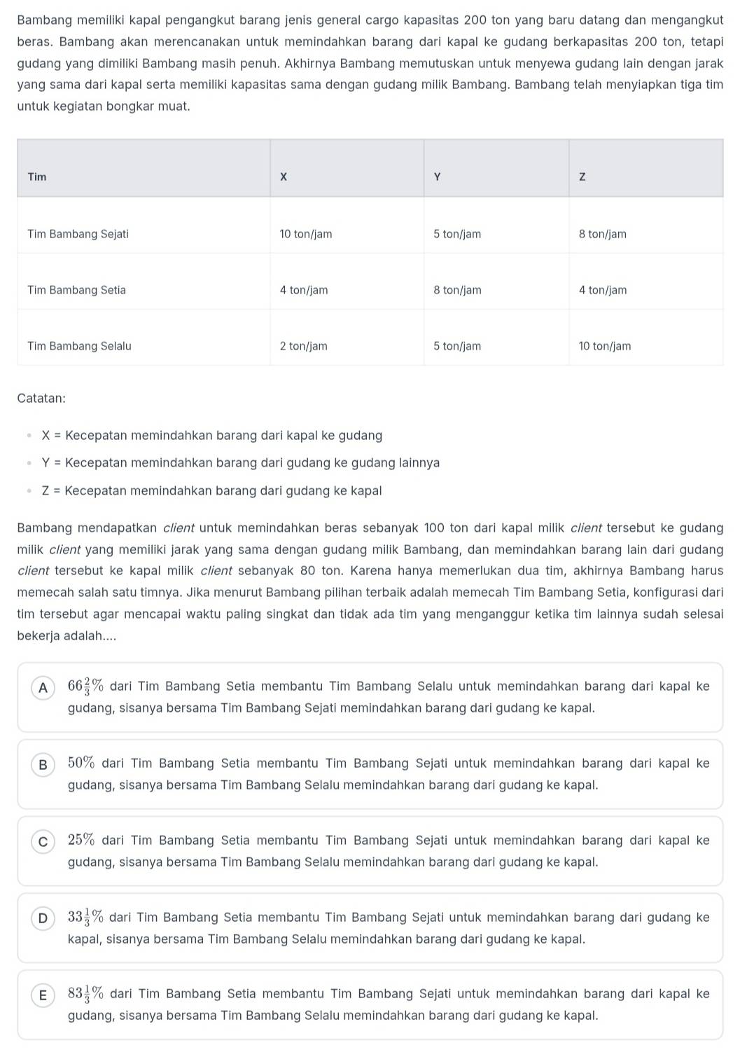 Bambang memiliki kapal pengangkut barang jenis general cargo kapasitas 200 ton yang baru datang dan mengangkut
beras. Bambang akan merencanakan untuk memindahkan barang dari kapal ke gudang berkapasitas 200 ton, tetapi
gudang yang dimiliki Bambang masih penuh. Akhirnya Bambang memutuskan untuk menyewa gudang lain dengan jarak
yang sama dari kapal serta memiliki kapasitas sama dengan gudang milik Bambang. Bambang telah menyiapkan tiga tim
untuk kegiatan bongkar muat.
Catatan:
X= Kecepatan memindahkan barang dari kapal ke gudang
Y= Kecepatan memindahkan barang dari gudang ke gudang lainnya
Z= Kecepatan memindahkan barang dari gudang ke kapal
Bambang mendapatkan client untuk memindahkan beras sebanyak 100 ton dari kapal milik client tersebut ke gudang
milik client yang memiliki jarak yang sama dengan gudang milik Bambang, dan memindahkan barang lain dari gudang
client tersebut ke kapal milik client sebanyak 80 ton. Karena hanya memerlukan dua tim, akhirnya Bambang harus
memecah salah satu timnya. Jika menurut Bambang pilihan terbaik adalah memecah Tim Bambang Setia, konfigurasi dari
tim tersebut agar mencapai waktu paling singkat dan tidak ada tim yang menganggur ketika tim lainnya sudah selesai
bekerja adalah....
A 66 2/3 % 6  dari Tim Bambang Setia membantu Tim Bambang Selalu untuk memindahkan barang dari kapal ke
gudang, sisanya bersama Tim Bambang Sejati memindahkan barang dari gudang ke kapal.
B 50% dari Tim Bambang Setia membantu Tim Bambang Sejati untuk memindahkan barang dari kapal ke
gudang, sisanya bersama Tim Bambang Selalu memindahkan barang dari gudang ke kapal.
C 25% dari Tim Bambang Setia membantu Tim Bambang Sejati untuk memindahkan barang dari kapal ke
gudang, sisanya bersama Tim Bambang Selalu memindahkan barang dari gudang ke kapal.
D 33 1/3 % dari Tim Bambang Setia membantu Tim Bambang Sejati untuk memindahkan barang dari gudang ke
kapal, sisanya bersama Tim Bambang Selalu memindahkan barang dari gudang ke kapal.
E 83 1/3 % dari Tim Bambang Setia membantu Tim Bambang Sejati untuk memindahkan barang dari kapal ke
gudang, sisanya bersama Tim Bambang Selalu memindahkan barang dari gudang ke kapal.