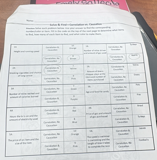 ely Sa Heci 
Name:_ 
Solve & Find = Correlation vs. Causation 
Biedow Solve each problem below. Use your answer to find the corresponding 
number/color or item. Fill in the code on the top of the next page to determine what items 
to find, how many of each item to find, and what color to make them.