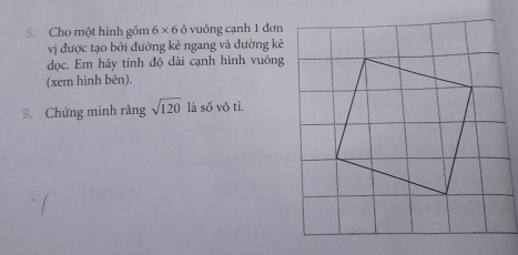 Cho một hình gồm 6* 60 vuông cạnh 1 đơn 
vị được tạo bởi đường kẻ ngang và đường kẻ 
dọc. Em hãy tính độ dài cạnh hình vuông 
(xem hình bên). 
9. Chứng minh rằng sqrt(120) là số vô tỉ.