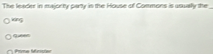 The leader in majority party in the House of Commons is usually the_
king
Prtime Minister