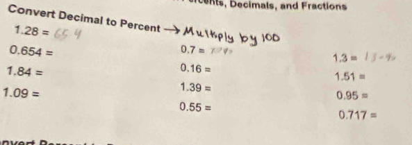 ecimals, and Fractions 
Convert Decimal to Percent
1.28=
0.654=
0.7=
1.3=
1.84=
0.16=
1.51=
1.09=
1.39=
0.95=
0.55=
0.717=