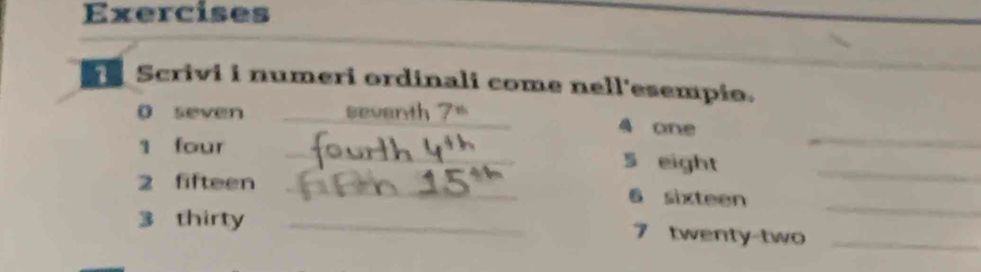 Exercises 
Scrivi i numeri ordinali come nell'esempio. 
_ 
0 seven _seventh 7 _ 4 one 
1 four _ 5 eight_ 
_ 
2 fifteen _ 6 sixteen 
3 thirty _ 7 twenty-two_