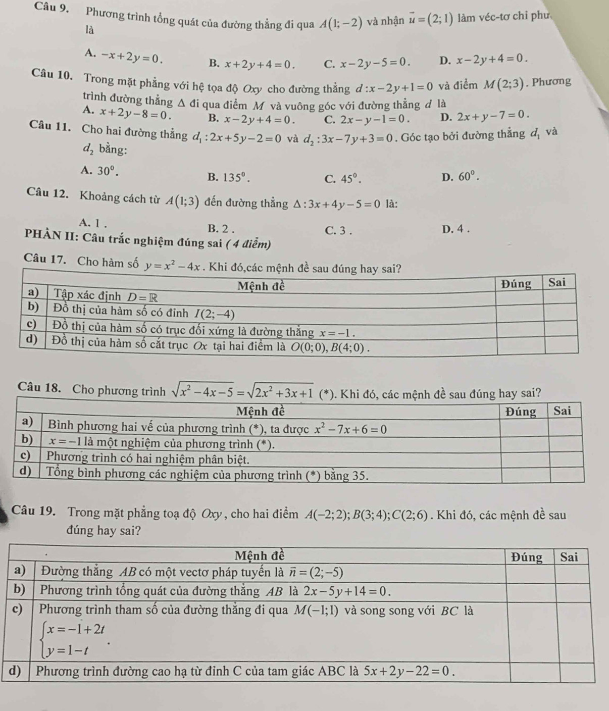 Phương trình tổng quát của đường thẳng đi qua A(1;-2) và nhận vector u=(2;1) làm véc-tơ chỉ phư
là
A. -x+2y=0. B. x+2y+4=0. C. x-2y-5=0 D. x-2y+4=0.
Câu 10. Trong mặt phẳng với hệ tọa độ Oxy cho đường thẳng d:x-2y+1=0 và điểm M(2;3). Phương
trình đường thẳng △ di qua điểm Mộ và vuông góc với đường thẳng đ là
A. x+2y-8=0. B. x-2y+4=0. C. 2x-y-1=0. D. 2x+y-7=0.
Câu 11. Cho hai đường thẳng d_1:2x+5y-2=0 và d_2:3x-7y+3=0. Góc tạo bởi đường thẳng d_1 và
d_2 bằng:
A. 30°.
B. 135°. C. 45°. D. 60°.
Câu 12. Khoảng cách từ A(1;3) đến đường thẳng △ :3x+4y-5=0 là:
A. 1 . B. 2 . D. 4 .
C. 3 .
HÀN II: Câu trắc nghiệm đúng sai ( 4 điểm)
Câu 17. Cho hàm số y=x^2-4x. Khi đó,các mệnh đề sau đúng hay sai?
Câu 18. Cho phương trình sqrt(x^2-4x-5)=sqrt(2x^2+3x+1) (*). Khi đó, các mệnh đề sau đúng hay sai?
Câu 19. Trong mặt phẳng toạ độ Oxy, cho hai điểm A(-2;2);B(3;4);C(2;6). Khi đó, các mệnh đề sau
dúng hay sai?