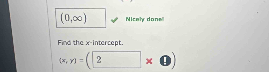 (0,∈fty )
Nicely done! 
Find the x-intercept.
(x,y)=(