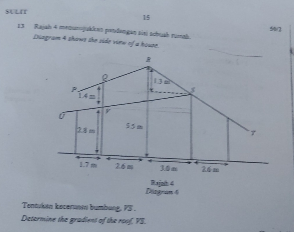 SULIT
15
50/2
13 Rajah 4 menomojukkan pandangan sini sebuah rumah.
Diagram 4 shows the side view of a house.
Rajah 4
Disgram 4
Tentukan keceruman bumbung, PS .
Determine the gradient of the roof, VS.