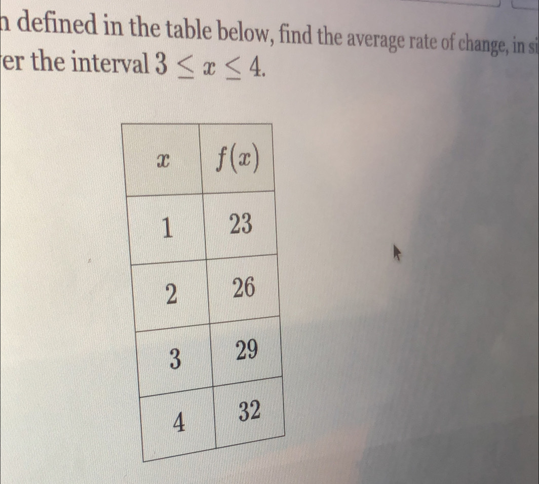 defined in the table below, find the average rate of change, in si
er the interval 3≤ x≤ 4.