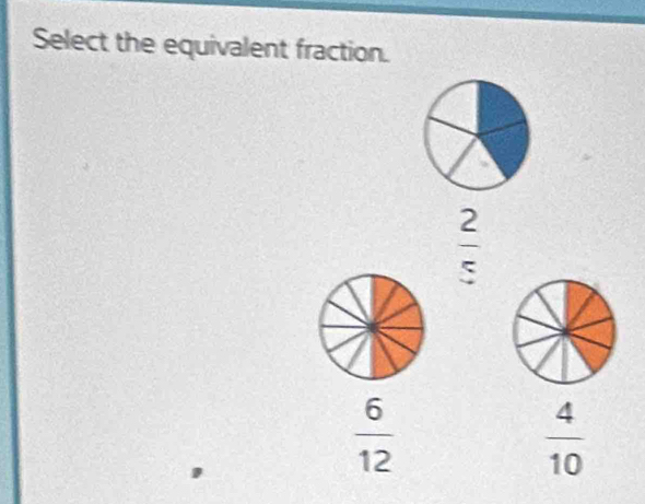 Select the equivalent fraction.
 2/5 
 6/12 
 4/10 