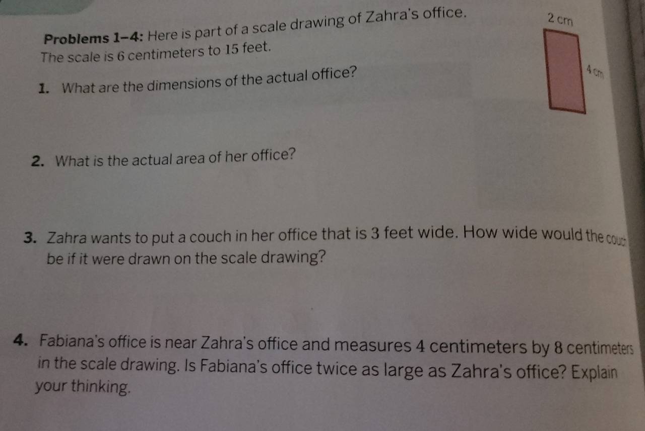Solved: Problems 1-4: Here is part of a scale drawing of Zahra's office ...