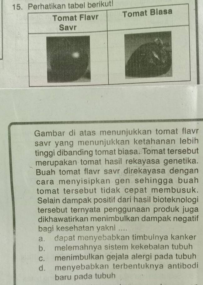 1l berikut!
Gambar di atas menunjukkan tomat flavr
savr yang menunjukkan ketahanan lebih
tinggi dibanding tomat biasa. Tomat tersebut
merupakan tomat hasil rekayasa genetika.
Buah tomat flavr savr direkayasa dengan
cara menyisipkan gen sehingga buah 
tomat tersebut tidak cepat membusuk.
Selain dampak positif dari hasil bioteknologi
tersebut ternyata penggunaan produk juga
dikhawatirkan menimbulkan dampak negatif
bagi kesehatan yakni ....
a. dapat menyebabkan timbulnya kanker
b. melemahnya sistem kekebalan tubuh
c. menimbulkan gejala alergi pada tubuh
d. menyebabkan terbentuknya antibodi
baru pada tubuh