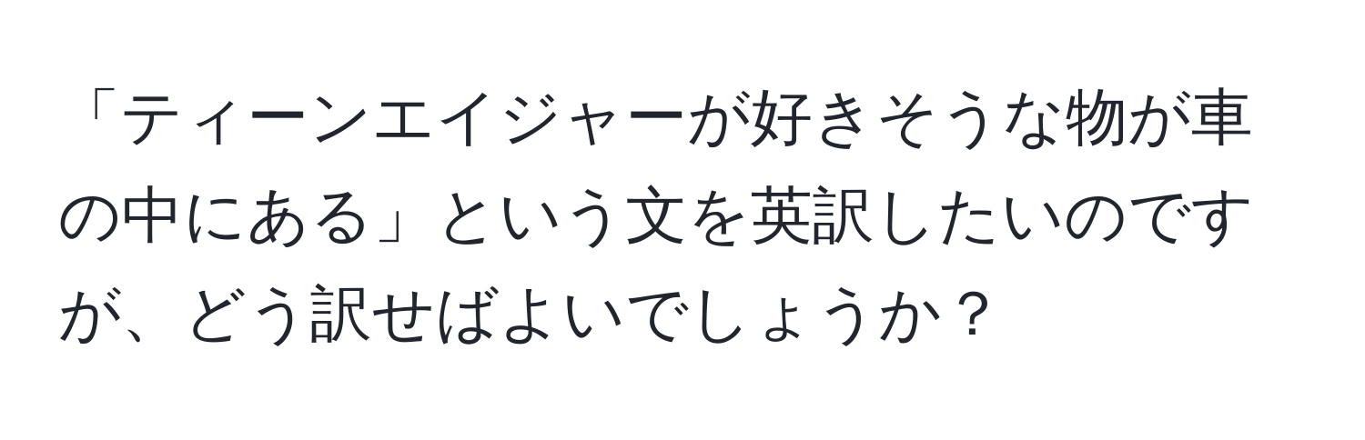 「ティーンエイジャーが好きそうな物が車の中にある」という文を英訳したいのですが、どう訳せばよいでしょうか？