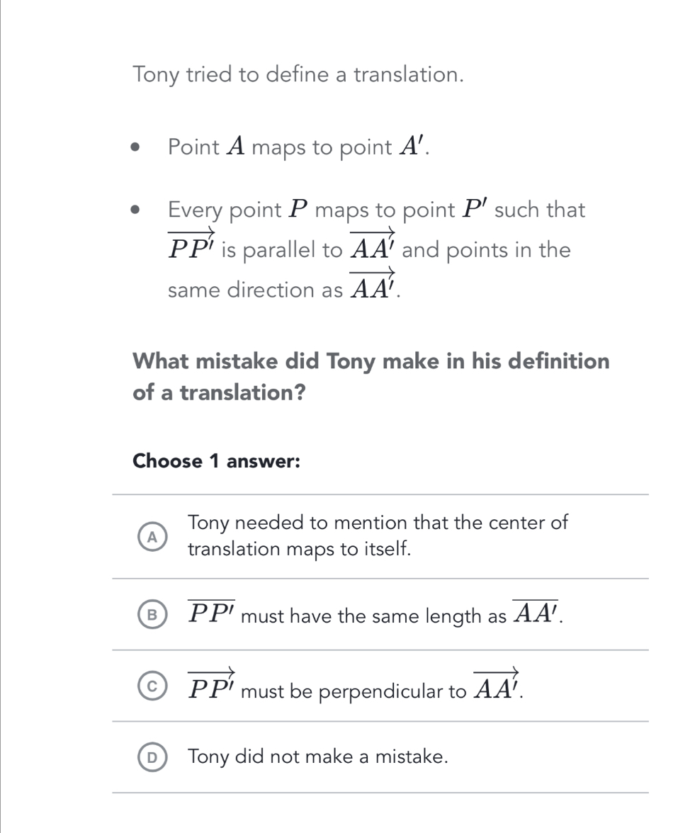 Solved: Tony tried to define a translation. Point A maps to point A ...
