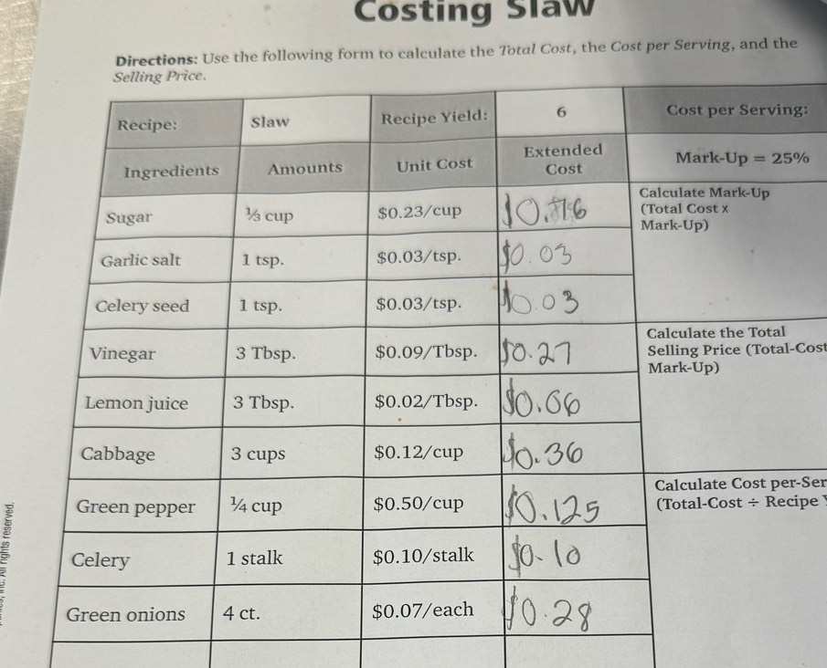 Costing Slaw
Directions: Use the following form to calculate the Total Cost, the Cost per Serving, and the
g:
Cos
-Ser
ipe