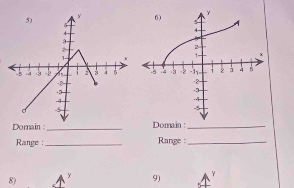 Domain : _Domain :_ 
Range :_ Range :_ 
y 
y 
8) 
9) 
5