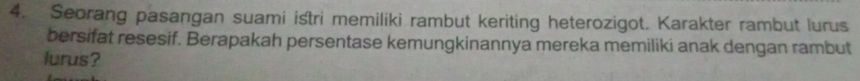 Seorang pasangan suami istri memiliki rambut keriting heterozigot. Karakter rambut lurus 
bersifat resesif. Berapakah persentase kemungkinannya mereka memiliki anak dengan rambut 
lurus?