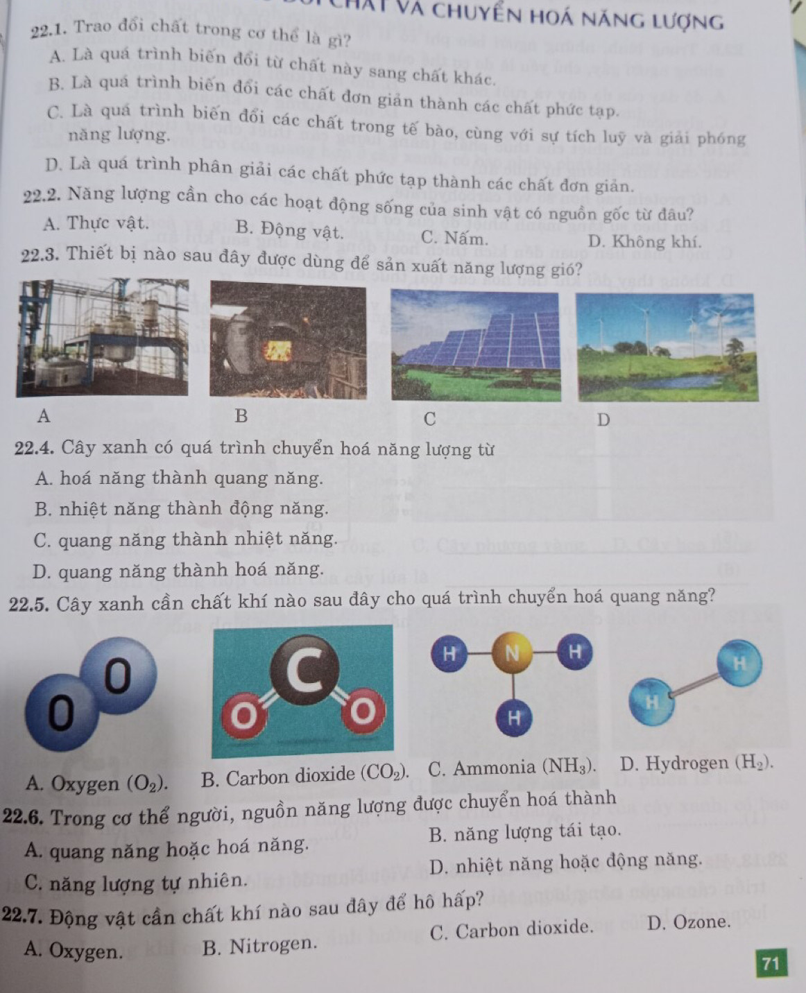 Chát Và chuyển hoá năng lượng
22.1. Trao đổi chất trong cơ thể là gì?
A. Là quá trình biến đổi từ chất này sang chất khác.
B. Là quá trình biến đổi các chất đơn giản thành các chất phức tạp.
C. Là quá trình biến đổi các chất trong tế bào, cùng với sự tích luỹ và giải phóng
năng lượng.
D. Là quá trình phân giải các chất phức tạp thành các chất đơn giản.
22.2. Năng lượng cần cho các hoạt động sống của sinh vật có nguồn gốc từ đâu?
A. Thực vật. C. Nấm.
B. Động vật.
D. Không khí.
22.3. Thiết bị nào sau đây được dùng để sản xuất năng lượng gió?
A
B
C
D
22.4. Cây xanh có quá trình chuyển hoá năng lượng từ
A. hoá năng thành quang năng.
B. nhiệt năng thành động năng.
C. quang năng thành nhiệt năng.
D. quang năng thành hoá năng.
22.5. Cây xanh cần chất khí nào sau đây cho quá trình chuyển hoá quang năng?
A. Oxygen (O_2). B. Carbon dioxide (CO_2). C. Ammonia (NH_3). D. Hydrogen (H_2).
22.6. Trong cơ thể người, nguồn năng lượng được chuyển hoá thành
A. quang năng hoặc hoá năng. B. năng lượng tái tạo.
D. nhiệt năng hoặc động năng.
C. năng lượng tự nhiên.
22.7. Động vật cần chất khí nào sau đây để hô hấp?
A. Oxygen.
B. Nitrogen. C. Carbon dioxide. D. Ozone.
71