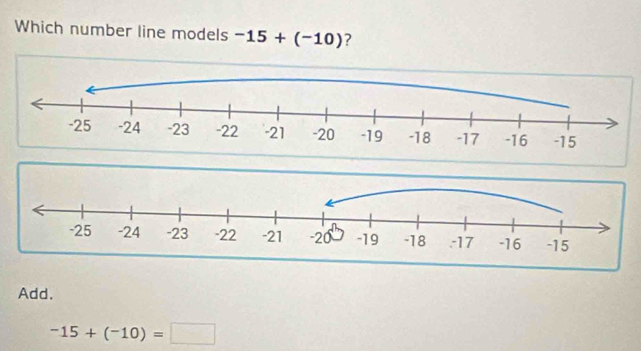 Which number line models -15+(-10) ?
Add.
-15+(-10)=□