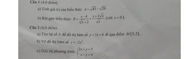 (4,0 điểm). 
a) Tính giá trị của biểu thức: A=sqrt(45)-sqrt(20). 
b) Rút gọn biểu thức: B= (x-4)/sqrt(x)+2 + (x+2sqrt(x))/sqrt(x)  (với x>0). 
Câu 2 (4,0 điểm). 
a) Tìm hệ số 6 để đồ thị hàm số y=2x+b đi qua điểm M(5;2). 
b) Vẽ đồ thị hàm số y=-2x^2. 
c) Giải hệ phương trình: beginarrayl 2x+y=5 x-y=4endarray..