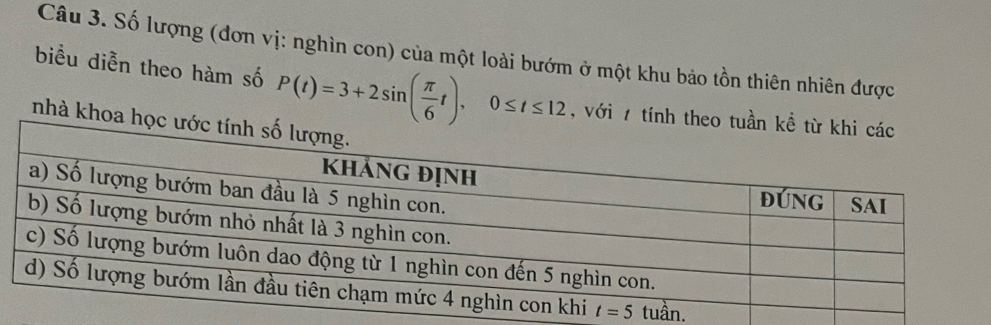 Số lượng (đơn vị: nghìn con) của một loài bướm ở một khu bảo tồn thiên nhiên được
biểu diễn theo hàm số P(t)=3+2sin ( π /6 t),0≤ t≤ 12 , với 7 tính
nhà khoa