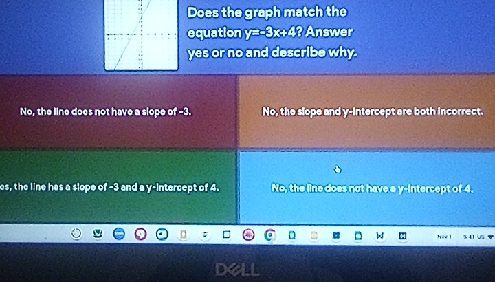 Does the graph match the
equation y=-8x+48 Answer
yes or no and describe why.
No, the line does not have a slope of -3. No, the slope and y-intercept are both incorrect.
es, the line has a slope of -3 and a y-intercept of 4. No, the line does not have a y-intercept of 4.
W Nov 1 541 0%