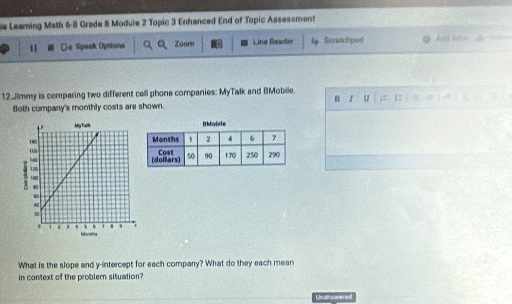 a Leaming Math 6-8 Grade 8 Module 2 Topic 3 Enhanced End of Topic Assessment 
11 s Speak Options Q Zoom n Line Reader Scratchped 
Artd At 
12.Jimmy is comparing two different cell phone companies: MyTalk and BMobile. 
B I U 
Both company's monthly costs are shown. | ;: :2 


What is the slope and y-intercept for each company? What do they each mean 
in context of the problem situation? 
Unanswered