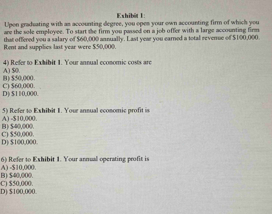 Exhibit 1:
Upon graduating with an accounting degree, you open your own accounting firm of which you
are the sole employee. To start the firm you passed on a job offer with a large accounting firm
that offered you a salary of $60,000 annually. Last year you earned a total revenue of $100,000.
Rent and supplies last year were $50,000.
4) Refer to Exhibit 1. Your annual economic costs are
A) $0.
B) $50,000.
C) $60,000.
D) $110,000.
5) Refer to Exhibit 1. Your annual economic profit is
A) -$10,000.
B) $40,000.
C) $50,000.
D) $100,000.
6) Refer to Exhibit 1. Your annual operating profit is
A) -$10,000.
B) $40,000.
C) $50,000.
D) $100,000.