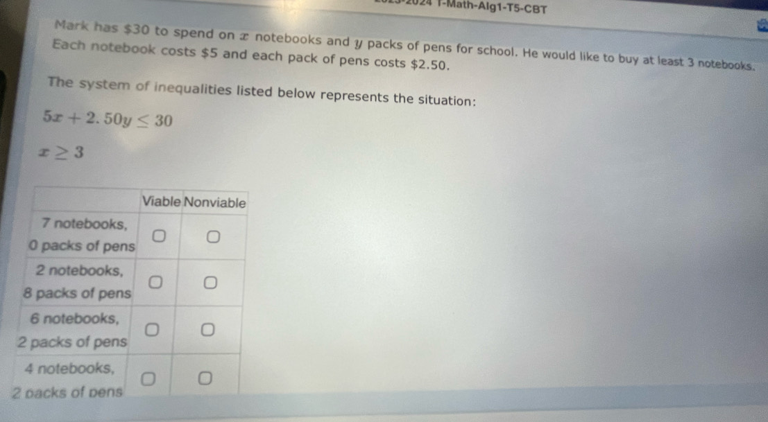 2024 T-Math-Alg1-T5-CBT 
Mark has $30 to spend on x notebooks and y packs of pens for school. He would like to buy at least 3 notebooks. 
Each notebook costs $5 and each pack of pens costs $2.50. 
The system of inequalities listed below represents the situation:
5x+2.50y≤ 30
x≥ 3