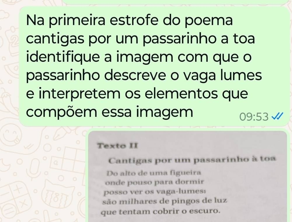 Na primeira estrofe do poema 
cantigas por um passarinho a toa 
identifique a imagem com que o 
passarinho descreve o vaga lumes 
e interpretem os elementos que 
compõem essa imagem
09:53
。 
Texto II 
Q Cantigas por um passarinho à toa 
。 Do alto de uma figueira 
onde pouso para dormir 
。 181 
posso ver os vaga-lumes: 
X são milhares de pingos de luz 
que tentam cobrir o escuro.