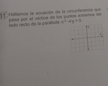 Hallamos la ecuación de la circunferencia que 
pasa por el vértice de los puntos extremos del 
lado recto de la parábola x^2-4y=0.