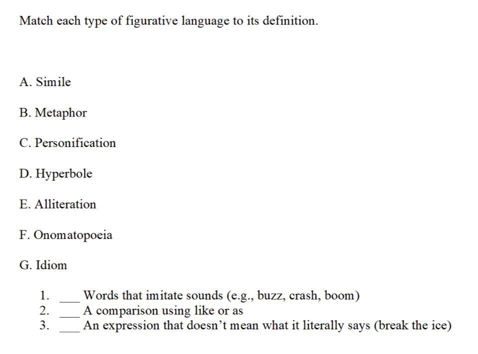 Solved: Match each type of figurative language to its definition. A ...