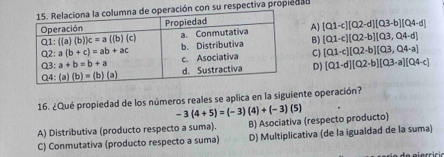 con su respectiva propiedad
A) [Q1-c][Q2-d][Q3-b][Q4-d]
B) [Q1-c][Q2-b][Q3,Q4-d]
C) [Q1-c][Q2-b][Q3,Q4-a]
D) [Q1-d][Q2-b][Q3-a][Q4-c]
16. ¿Qué propiedad de los números reales se aplica en la siguiente operación?
-3(4+5)=(-3)(4)+(-3) 1 5)
B) Asociativa (respecto producto)
A) Distributiva (producto respecto a suma). D) Multiplicativa (de la igualdad de la suma)
C) Conmutativa (producto respecto a suma)