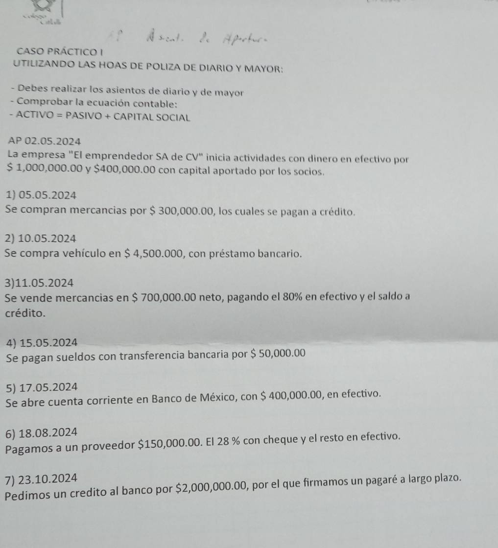 CASO PRÁCTICO I
UTILIZANDO LAS HOAS DE POLIZA DE DIARIO Y MAYOR:
- Debes realizar los asientos de diario y de mayor
- Comprobar la ecuación contable:
- ACTIVO = PASIVO + CAPITAL SOCIAL
AP 02.05.2024
La empresa "El emprendedor SA de CV" inicia actividades con dinero en efectivo por
$ 1,000,000.00 y $400,000.00 con capital aportado por los socios.
1) 05.05.2024
Se compran mercancias por $ 300,000.00, los cuales se pagan a crédito.
2) 10.05.2024
Se compra vehículo en $ 4,500.000, con préstamo bancario.
3) 11.05.2024
Se vende mercancias en $ 700,000.00 neto, pagando el 80% en efectivo y el saldo a
crédito.
4) 15.05.2024
Se pagan sueldos con transferencia bancaria por $ 50,000.00
5) 17.05.2024
Se abre cuenta corriente en Banco de México, con $ 400,000.00, en efectivo.
6) 18.08.2024
Pagamos a un proveedor $150,000.00. El 28 % con cheque y el resto en efectivo.
7) 23.10.2024
Pedimos un credito al banco por $2,000,000.00, por el que firmamos un pagaré a largo plazo.