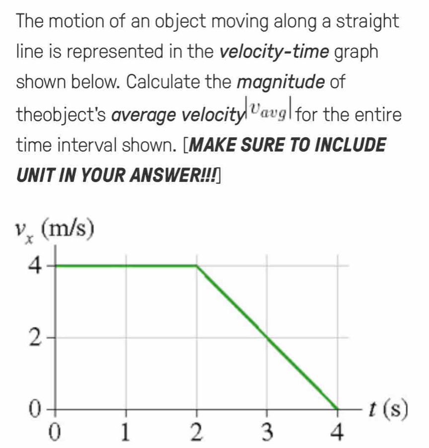 The motion of an object moving along a straight
line is represented in the velocity-time graph
shown below. Calculate the magnitude of
theobject's average velocity ava for the entire
time interval shown. [MAKE SURE TO INCLUDE
UNIT IN YOUR ANSWER!!!
0 1 2 3 4