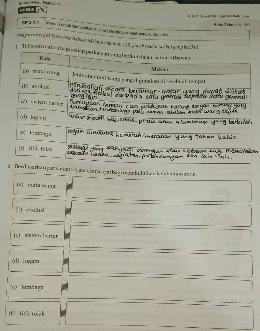 Bahasa Melayu Tingkatan 1 
MENULIS 
Unit 21 Sejarah Mengajar Erti Kehidupan 
Buku Teks m.s. 125
SP 3.1.1 Menulis untuk menyatakan makna kata dengan betul mengikut konteks. 
Dengan merujuk buku teks Bahasa Melayu halaman 125, jawab soalan-soalan yang berikut. 
1 Tuliskan makna b 
perkataan di atas, bina ayat bagi membuktikan kefahaman anda. 
(a) mata wang 
(b) evolusi 
(c) sistem barter 
(d) logam 
(e) tembaga 
(f) titik tolak