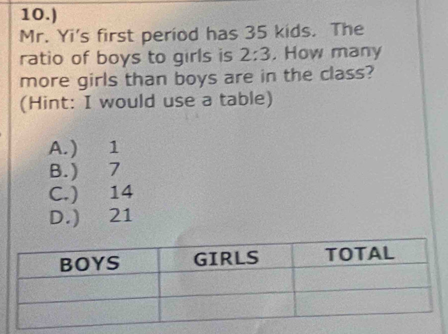 10.)
Mr. Yi's first period has 35 kids. The
ratio of boys to girls is 2:3. How many
more girls than boys are in the class?
(Hint: I would use a table)
A. ) 1
B. ) 7
C.) 14
D.) 21