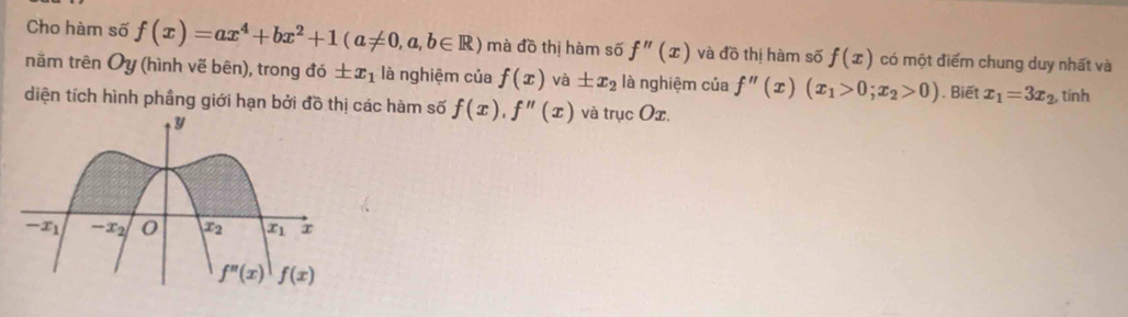 Cho hàm số f(x)=ax^4+bx^2+1(a!= 0,a,b∈ R) mà đồ thị hàm số f''(x) và đồ thị hàm số f(x) có một điểm chung duy nhất và
nằm trên Oy (hình vẽ bên), trong đó ± x_1 là nghiệm của f(x) và ± x_2 là nghiệm của f''(x)(x_1>0;x_2>0). Biết x_1=3x_2 tính
diện tích hình phầng giới hạn bởi đồ thị các hàm số f(x),f''(x) và trmu cOx.