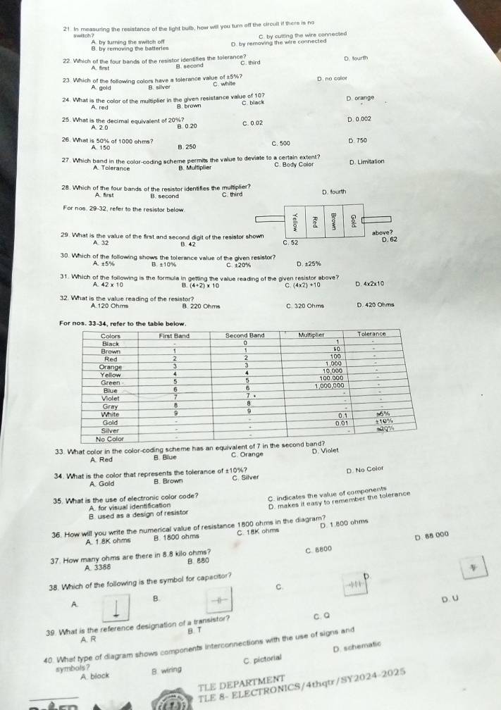 In measuring the resistance of the light bulb, how will you turn off the circuit if there is no
awitch ?
A. by turning the switch off B. by removing the batteries D. by removing the wire connected C. by cutting the wire connected
22. Which of the four bands of the resistor identifies the tolerance? D. fourth
B. second C. third
23. Which of the following colors have a tolerance value of ±5%? C white D. no colee
A. gold B. silver
24. What is the color of the multiplier in the given resistance value of 107 C. black D. orange
A red B. brown
25. What is the decimal equivalent of 20%? C. 0.02 D. 0.002
A. 2.0 B. 0.20
26. What is 50% of 1000 ohms? B. 250
A. 150 C. 500 D. 750
27. Which band in the color-coding scheme permits the value to deviate to a certain extent? C. Bodv Color D. Limitation
A. Tolerance B. Multiplie
28. Which of the four bands of the resistor identifies the multiplier? C third D. fourth
A. first B. second
For nos. 29-32, refer to the resistor below.

above?
29. What is the value of the first and second digit of the resistor shown C. 52 D. 62
A. 32 B. 42
30. Which of the following shows the tolerance value of the given resistor?
A. ±5% B. ±10% C. ±20% D. ±25%
31. Which of the following is the formula in getting the value reading of the given resistor above?
A. 42* 10 B. (4+2 x 10 C. (4* 2)+10 D. 4* 2* 10
32. What is the value reading of the resistor?
A.120 Ohms B. 220 Ohms C. 320 Ohms D. 420 Ohms
33. What color in the color-coding scheme has an equivalent of 7 D. Violet
A. Red B. Blue C. Orange
34. What is the color that represents the tolerance of ±10%?
A. Gold B. Brown C. Silver D. No Color
35. What is the use of electronic color code? C. indicates the value of components
A. for visual identification
D. makes it easy to remember the tolerance
B. used as a design of resistor
36. How will you write the numerical value of resistance 1800 ohms in the diagram?
A. 1.8K ohms B. 1800 ohms C. 18K ohms D. 1.800 ohms
C. 8800 D. 88 000
37. How many ohms are there in 8.8 kilo ohms?
A. 3388 B. 880
v
38. Which of the following is the symbol for capacitor?
D
C. +111
B. D.U
A.
39. What is the reference designation of a transistor? C. Q
A. R B T
40. What type of diagram shows components interconnections with the use of signs and
C. pictorial D. schematic
symbols ? B. wiring
A. black
TLE DEPARTMENT
_
an TLE 8- ELECTRONICS/4thqtr/SY2024-2025