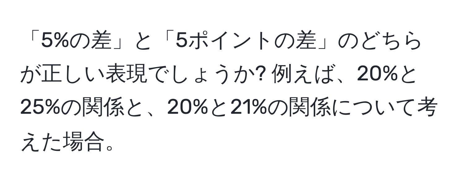 「5%の差」と「5ポイントの差」のどちらが正しい表現でしょうか? 例えば、20%と25%の関係と、20%と21%の関係について考えた場合。