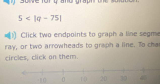 soive for y and grapn une
5
Click two endpoints to graph a line segme 
ray, or two arrowheads to graph a line. To cha 
circles, click on them.
-10