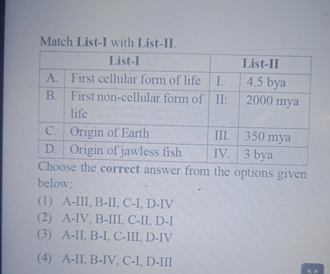 Match List-I with List-II.
rrect answer from the options given
below:
(1) A-III, B-II, C-I, D-IV
(2) A-IV, B-III, C-II, D-I
(3) A-II, B-I, C-III, D-IV
(4) A-II, B-IV, C-I, D-III