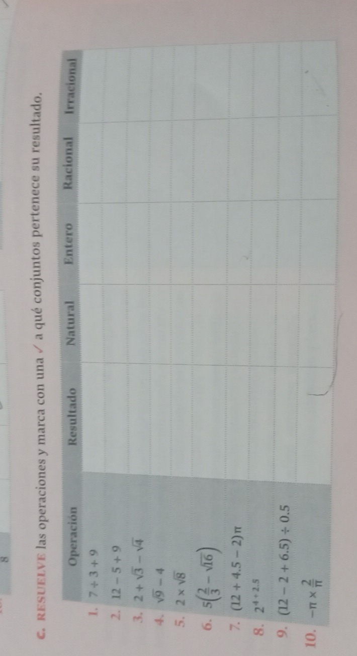 RESUELVE las operaciones y marca con una ✓ a qué conjuntos pertenece su resultado.
1