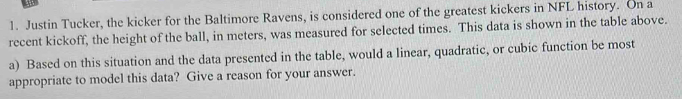 Justin Tucker, the kicker for the Baltimore Ravens, is considered one of the greatest kickers in NFL history. On a 
recent kickoff, the height of the ball, in meters, was measured for selected times. This data is shown in the table above. 
a) Based on this situation and the data presented in the table, would a linear, quadratic, or cubic function be most 
appropriate to model this data? Give a reason for your answer.