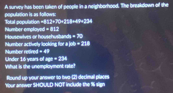 A survey has been taken of people in a neighborhood. The breakdown of the 
population is as follows: 
Total population =812+70+218+49+234
Number employed =812
Housewives or househusbands =70
Number actively looking for a job=218
Number retired =49
Under 16 years of age=234
What is the unemployment rate? 
Round up your answer to two (2) decimal places 
Your answer SHOULD NOT include the % sign