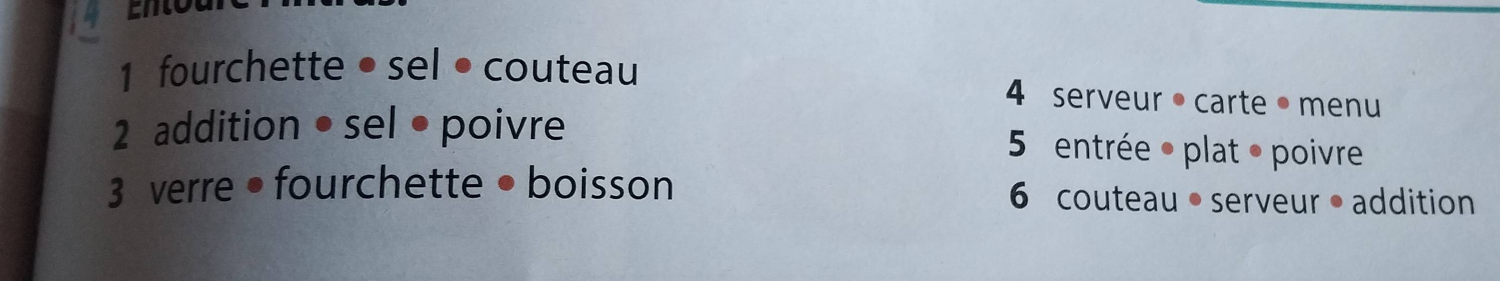 fourchette • sel • couteau 4 serveur• carte • menu 
2 addition • sel • poivre 5 entrée plat : poivre 
3 verre • fourchette • boisson 6 couteau • serveur • addition