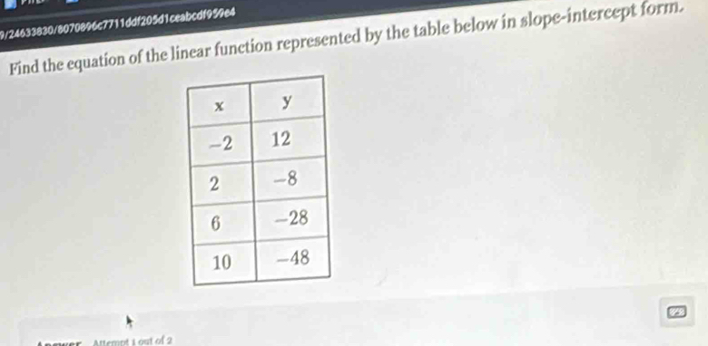 9/24633830/8070896c7711ddf205d1ceabcdf959e4 
Find the equation of the linear function represented by the table below in slope-intercept form. 
ttemot L out of