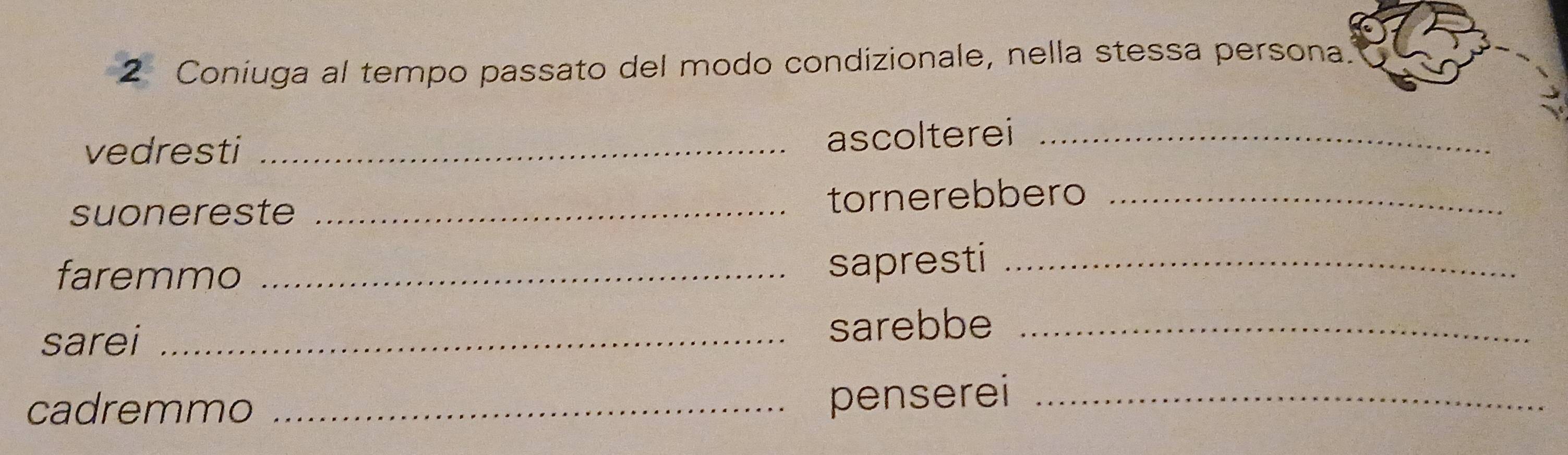 Coniuga al tempo passato del modo condizionale, nella stessa persona. 
vedresti_ 
ascolterei_ 
suonereste_ 
tornerebbero_ 
faremmo_ 
sapresti_ 
sarei_ 
sarebbe_ 
cadremmo_ 
penserei_