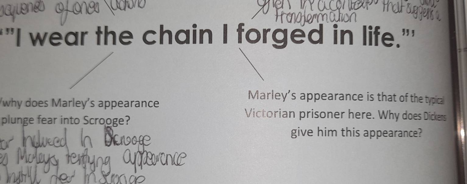 "I wear the chain I forged in life."' 
Marley's appearance is that of the typical 
why does Marley’s appearance 
plunge fear into Scrooge? 
Victorian prisoner here. Why does Dickens 
give him this appearance?